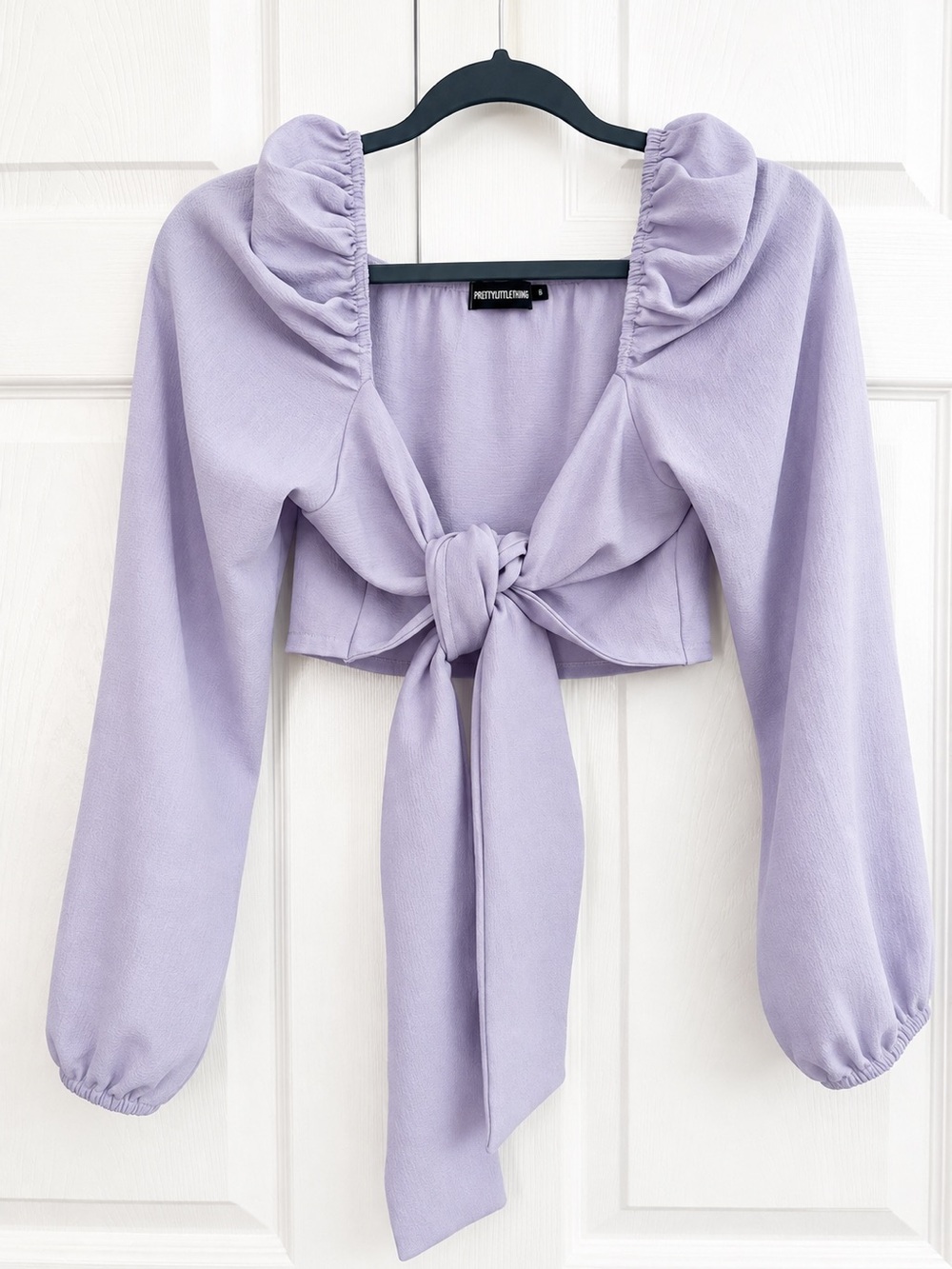 PrettyLittleThing Pastel Lavender Tie-Front Puff Sleeve Crop Top
